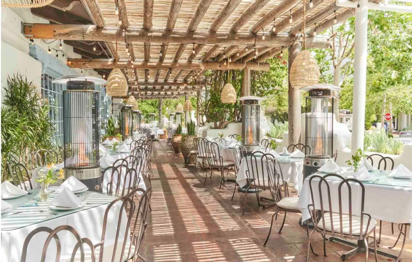 outdoor dining area with bamboo features